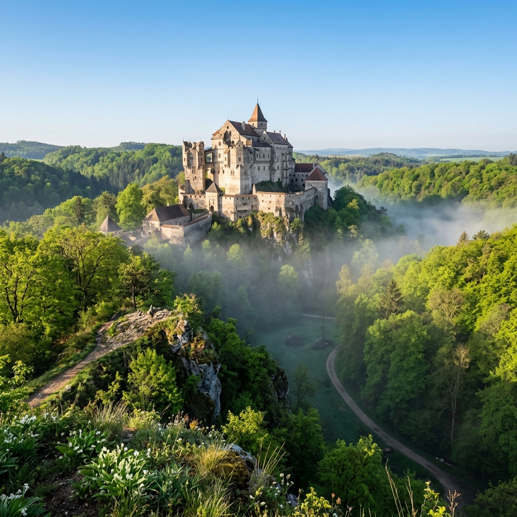 Hrad Pernštejn v ranní mlze