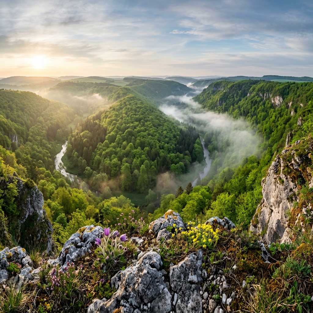 Panoramatický výhled z vyhlídky Hornek do údolí Říčky v dubnu