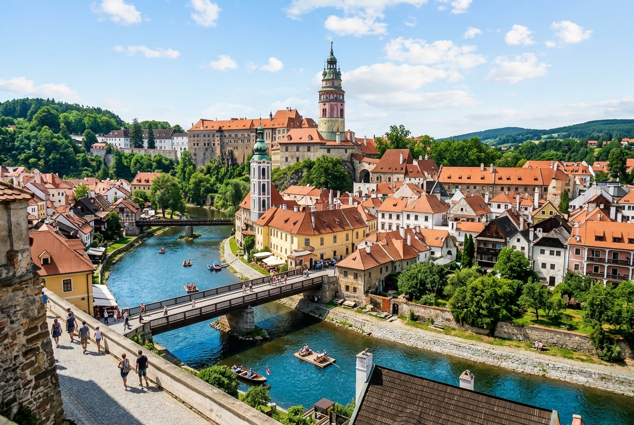 Státní hrad a zámek Český Krumlov nad meandrem Vltavy Státní hrad a zámek Český Krumlov nad meandrem Vltavy